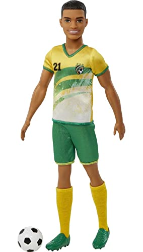 Ken Fashion Doll with Short Cropped Hair, Uniform, Tall Socks, Cleats & Ball F8363