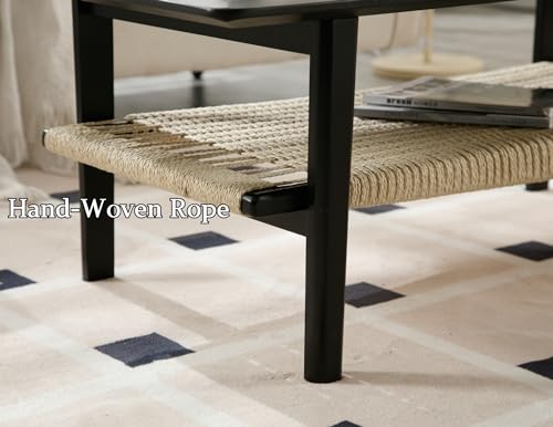 Farmhouse 2-Tier Coffee Table with Rattan Storage Shelf Z876