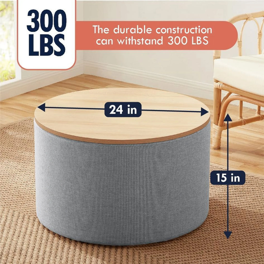 Large Round Linen Beige Coffee Table Ottoman with Lift Off Lid I667382