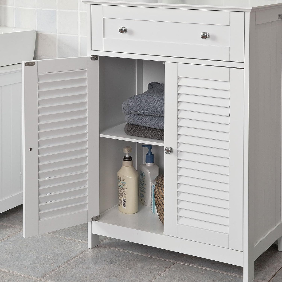 White Bathroom Vanity Set with Drawer and Double Shutter Door V79557
