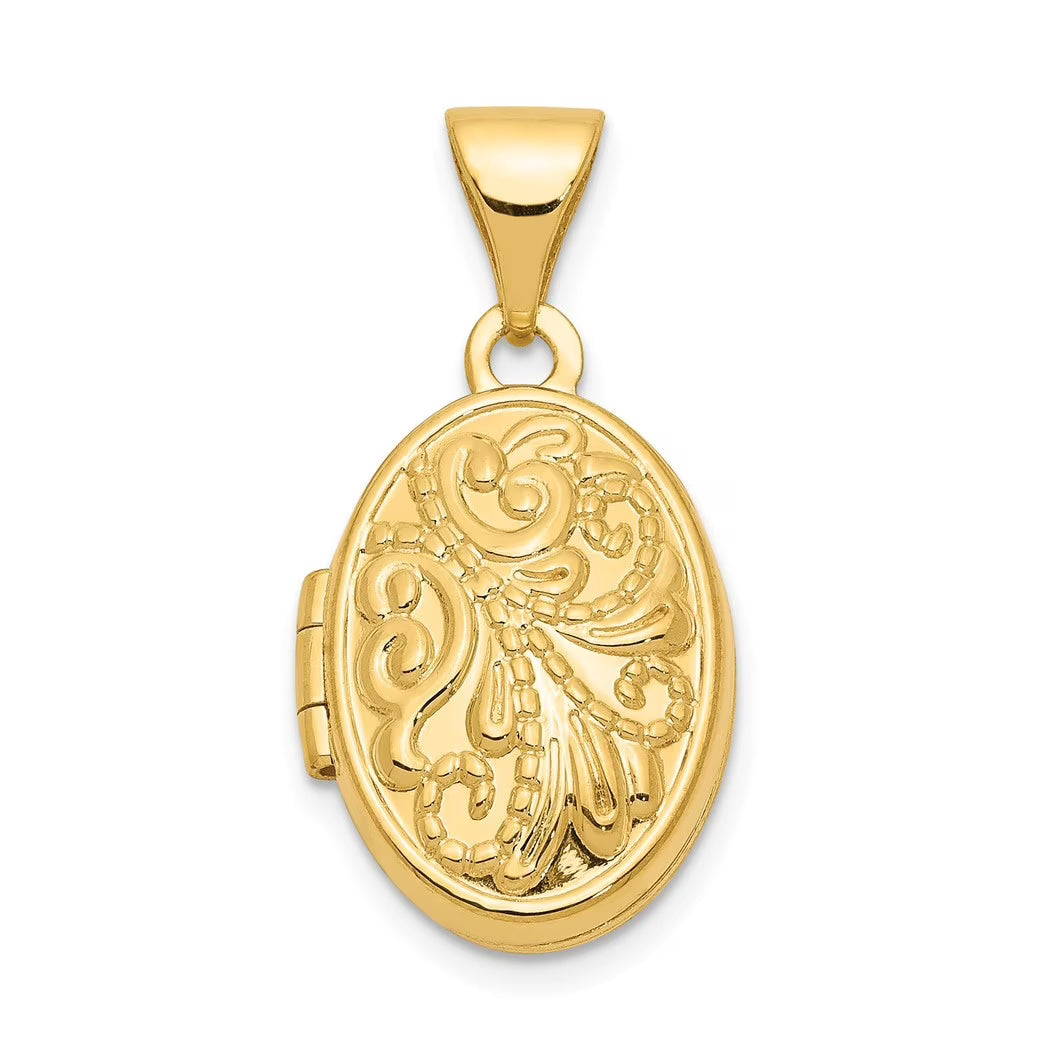 11mm 10k Yellow Gold Beaded Scroll Oval Photo Locket Pendant Necklace L6543