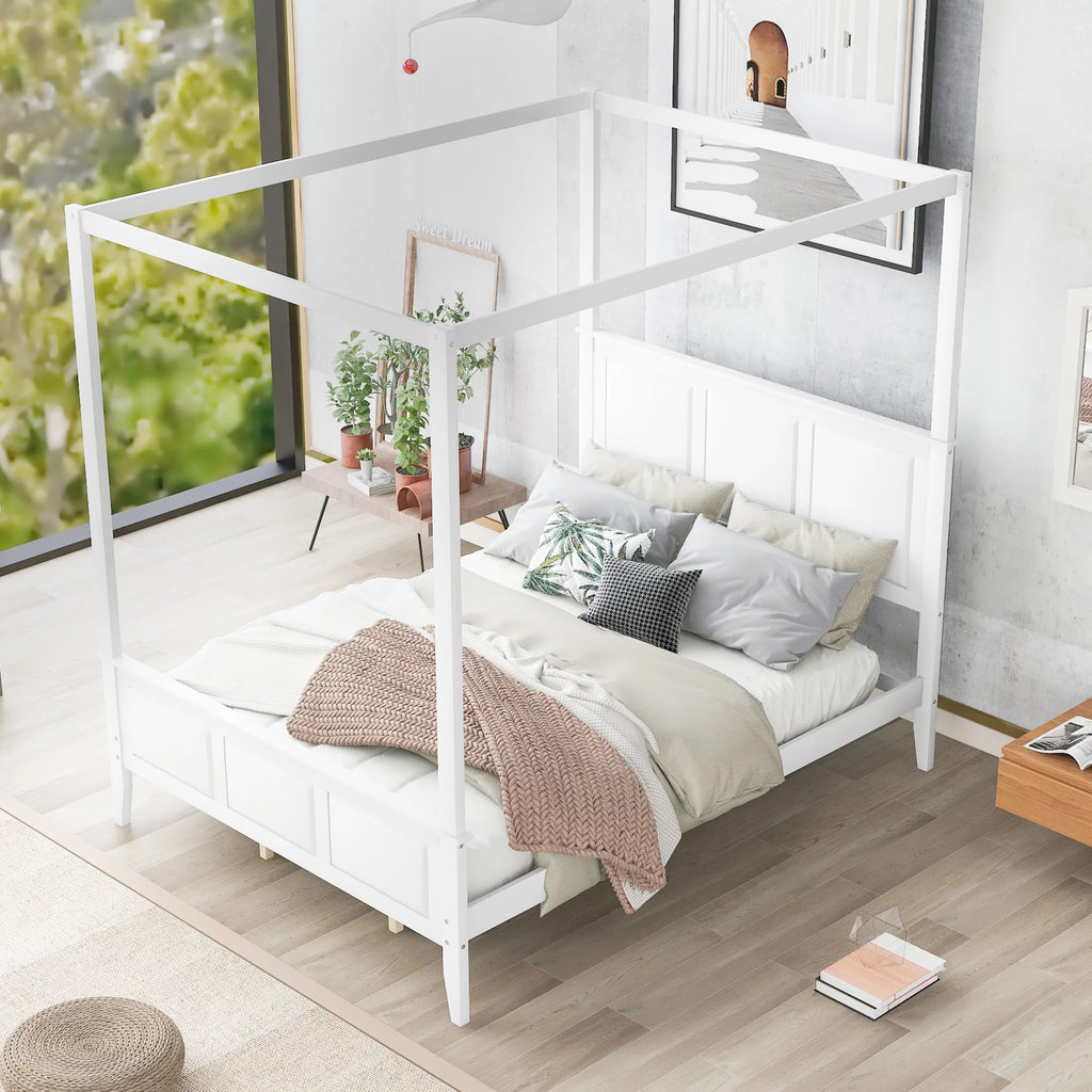 White Wood Queen Size Canopy Platform Bed B7285