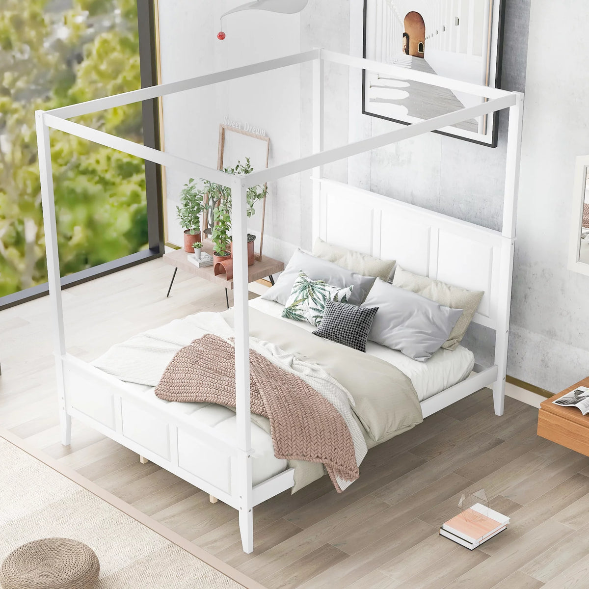 White Wood Queen Size Canopy Platform Bed B7285