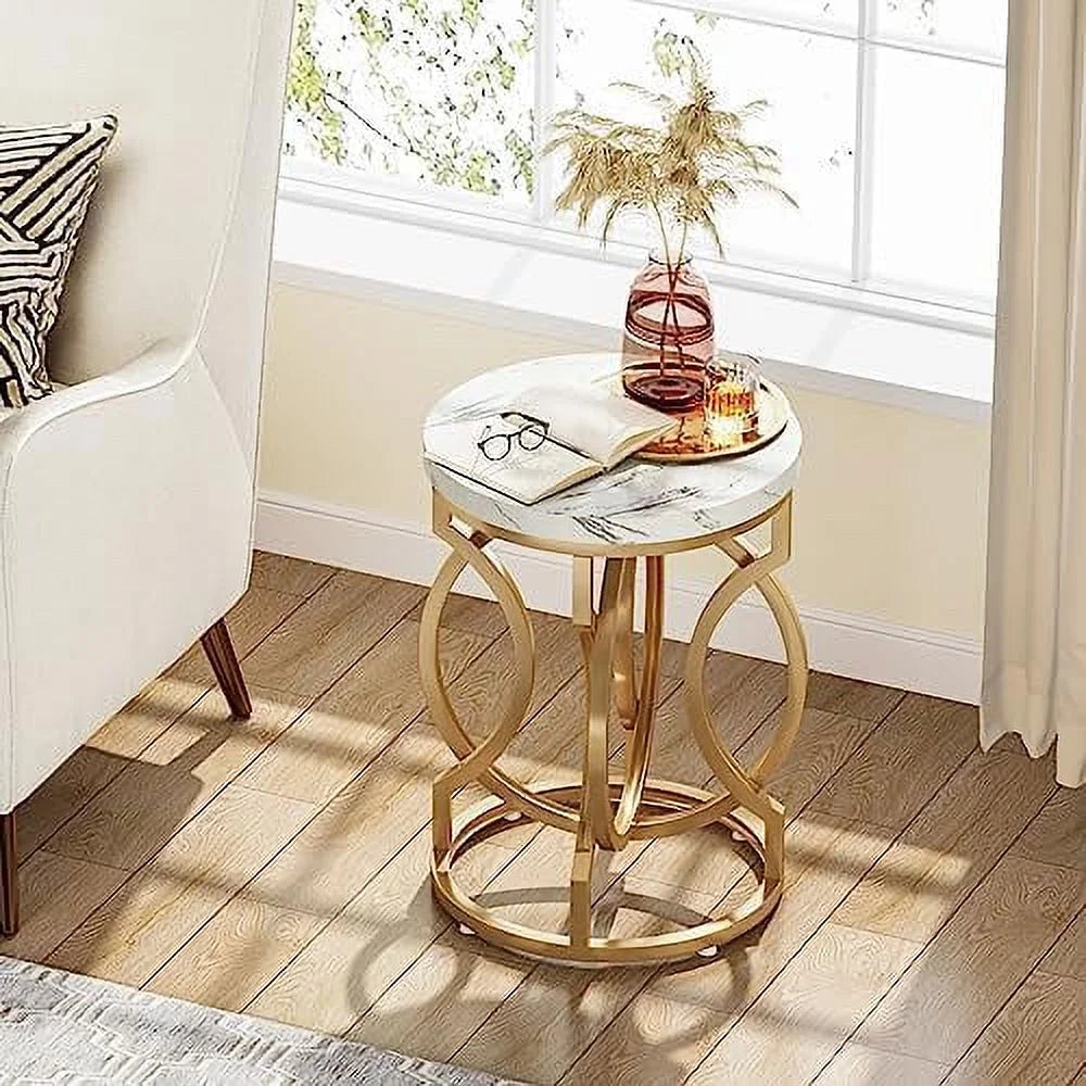 Round End Table Set of 2 White Gold Faux Marble Tabletop D516