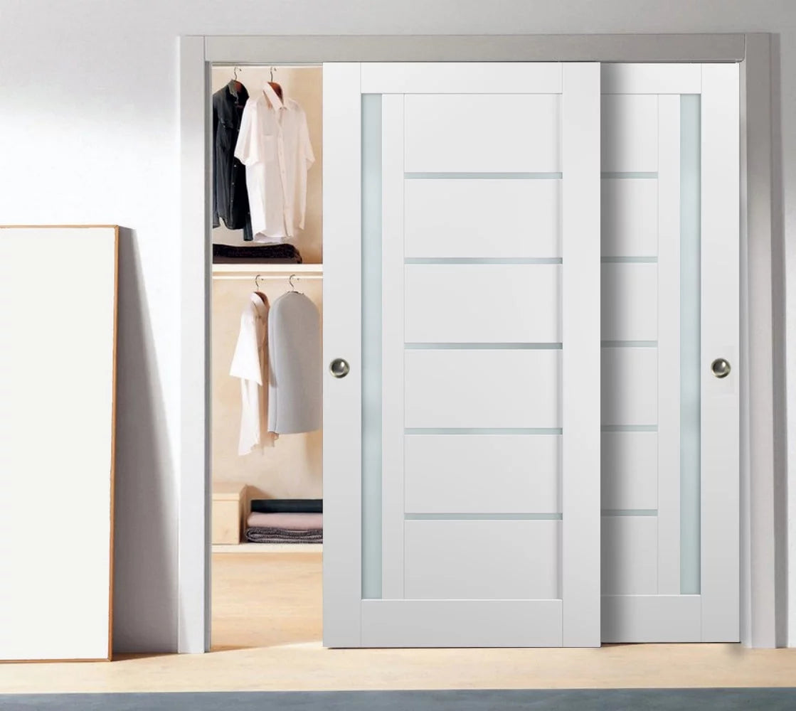 60 x 96 White Silk Frosted Glass Sliding Closet Bypass Doors V90001
