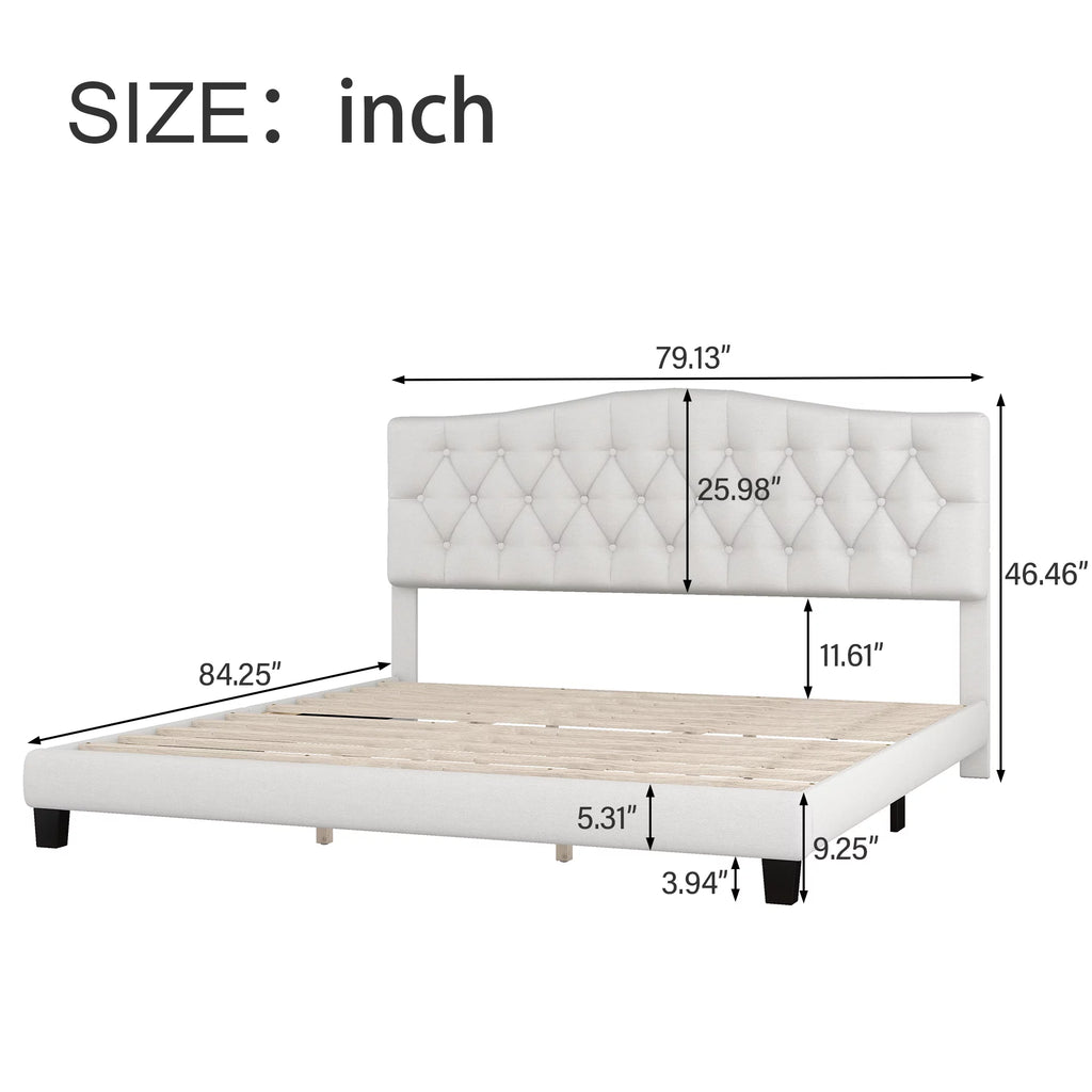 Beige Fabric Upholstered King Platform Bed with Headboard S66168