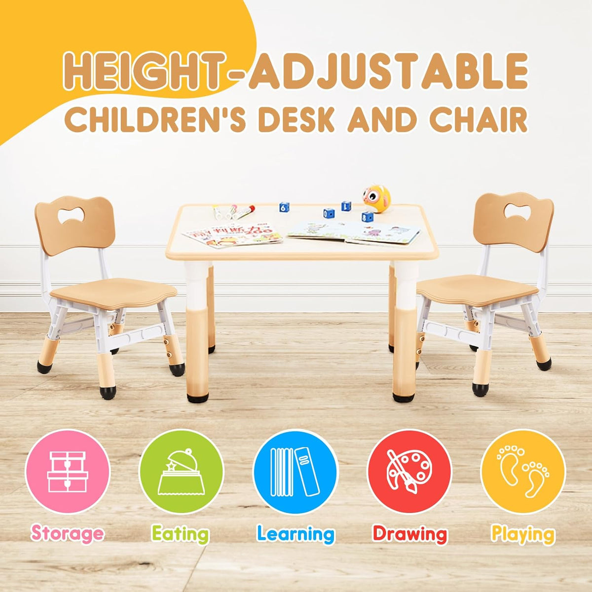Kids table and chair set with 8 leg covers and 12 color pens Q898467