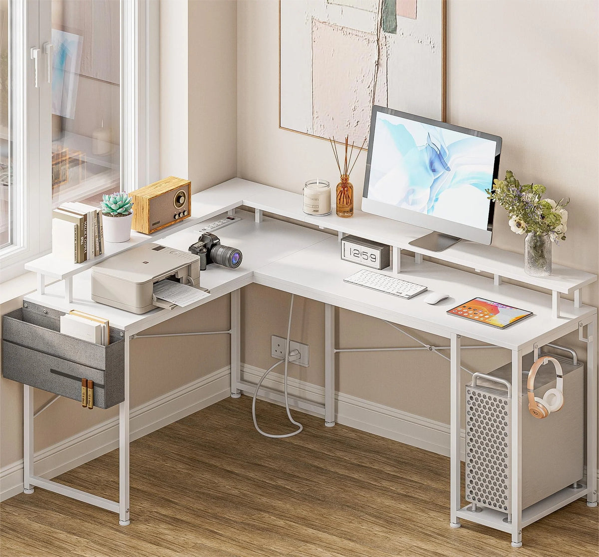 95” L-Shaped Computer Desk with LED Light and Power Outlet, Black H332278