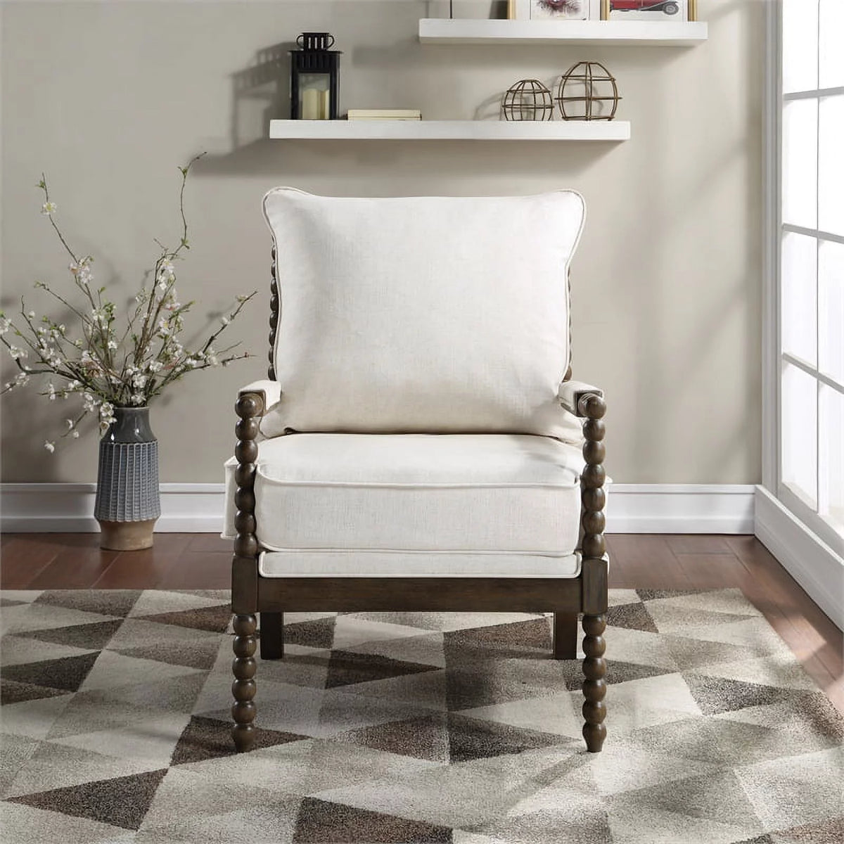2 Piece Linen Fabric Spindle Chair Set with Wood Frame in Beige F135245