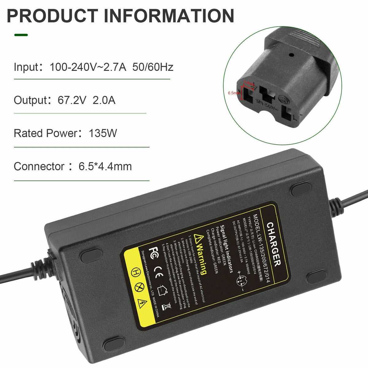 67.2V 2A T Plug Charger for 60V Li-ion Battery Electric Scooter E-bike Bicycle R643288