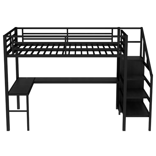 Black Full Loft Bed with L-shaped Desk, USB, Wardrobe & Stairs F20984
