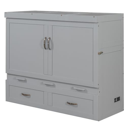 Full Size Murphy Bed Chest with USB Charging Station and Storage Drawer C4875
