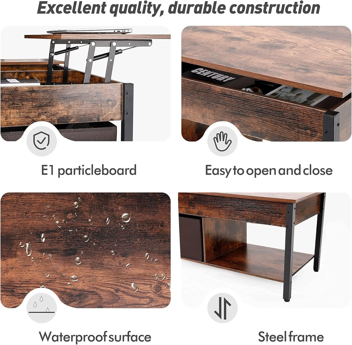 Lift Top Coffee Table with Storage Shelf & 2 Canvas Baskets Set, Rustic Wood Side Drawer, Vintage Metal Coffee Table H401868