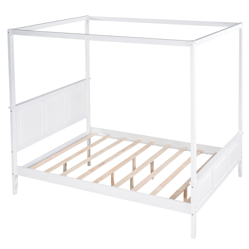 White Wood Queen Size Canopy Platform Bed B7285