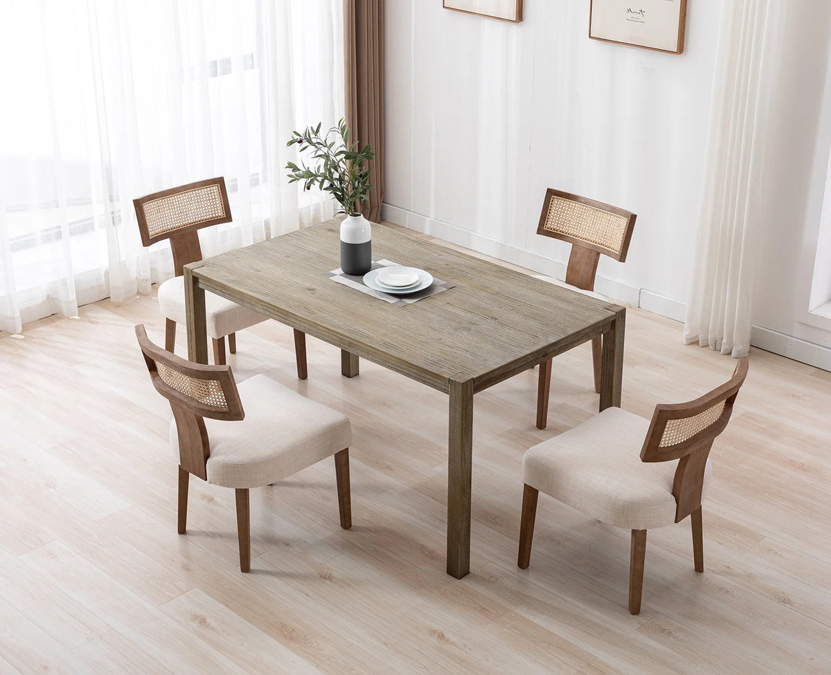 Beige Rattan Backrest Linen Upholstered Solid Wood Dining Chairs Set of 2 F5154