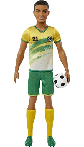 Ken Fashion Doll with Short Cropped Hair, Uniform, Tall Socks, Cleats & Ball F8363