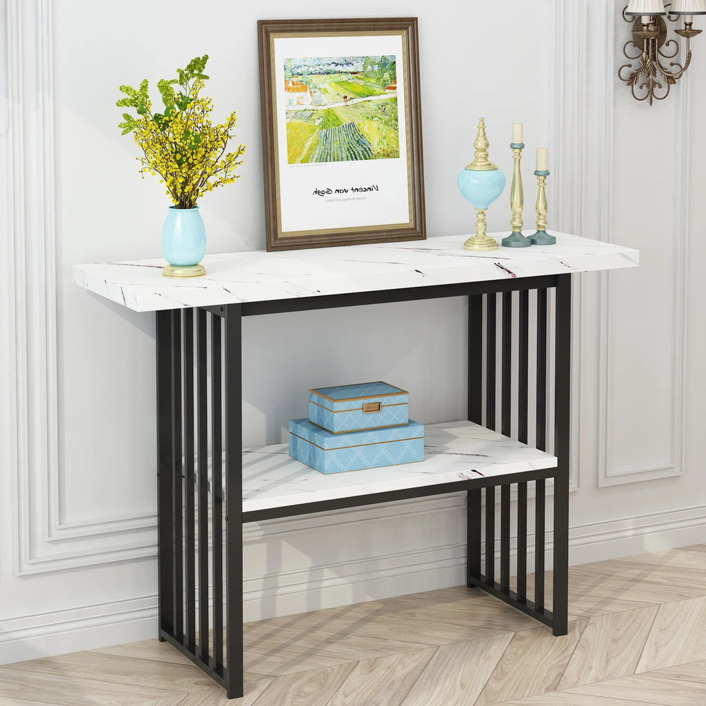 Black 42-Inch Narrow Console Table with Faux Marble Top and Metal Legs P59380