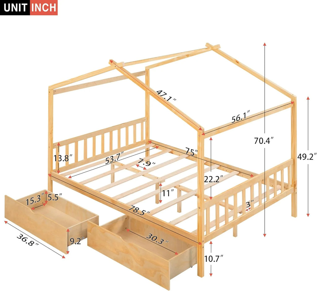Full Size Solid Wood Platform Bed Frame with 2 Storage Drawers I6497