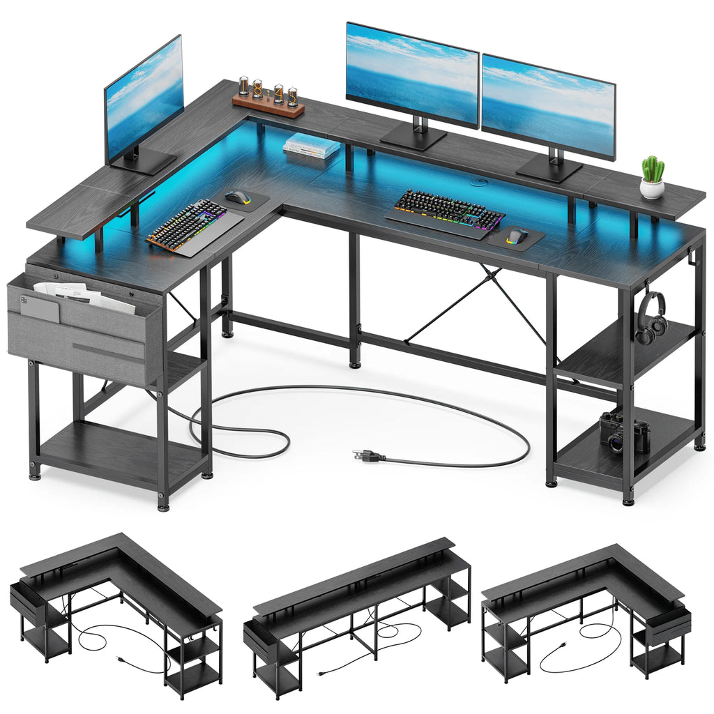 95” L-Shaped Computer Desk with LED Light and Power Outlet, Black H332278