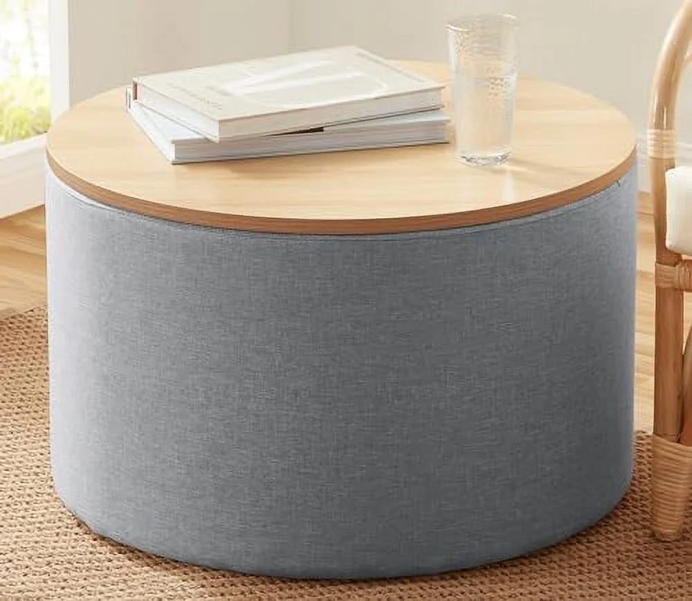 Large Round Linen Beige Coffee Table Ottoman with Lift Off Lid I667382