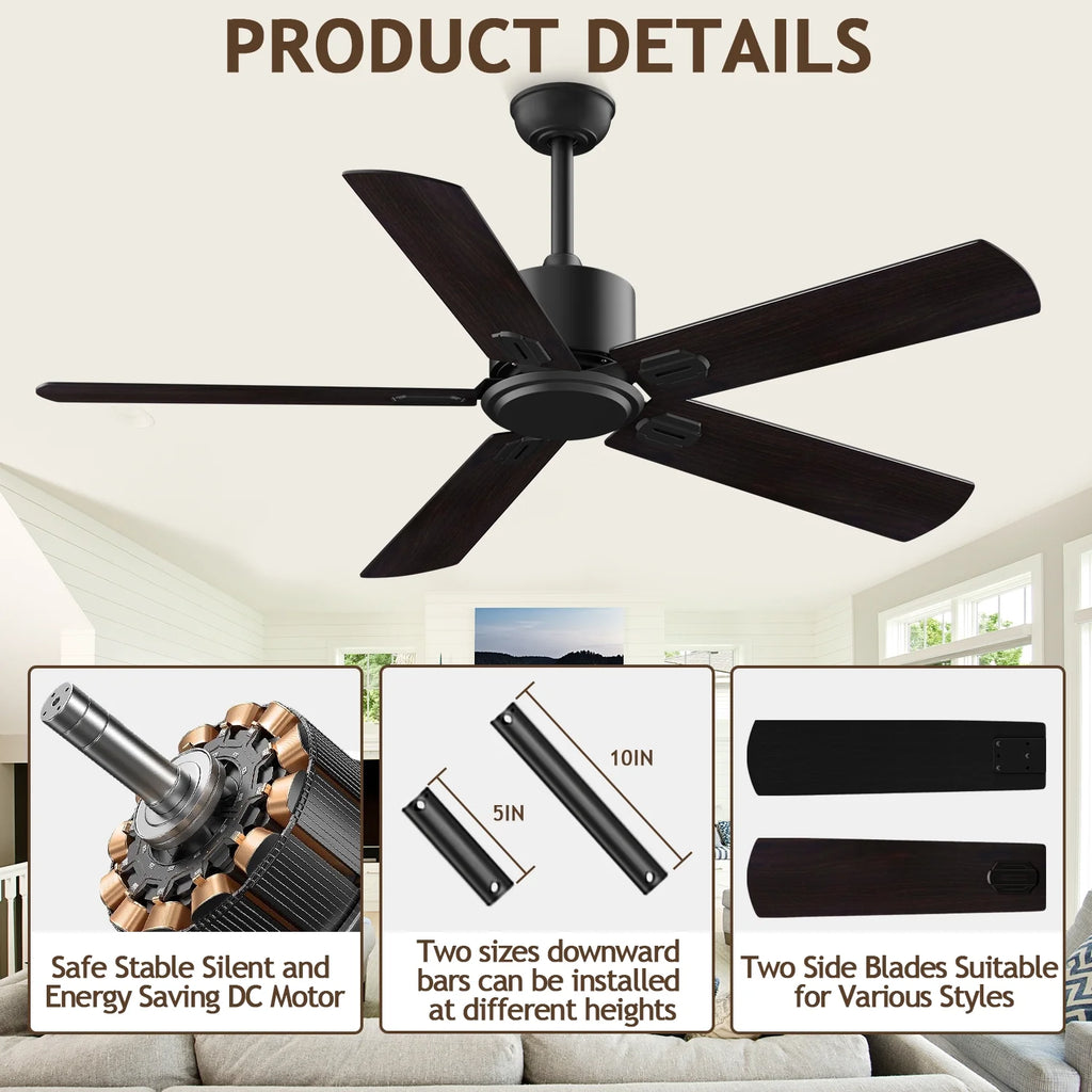 52" Ceiling Fan with Remote Control No Light, 6 Speeds Reversible DC Motor 5 Blades Black/Walnut B4284