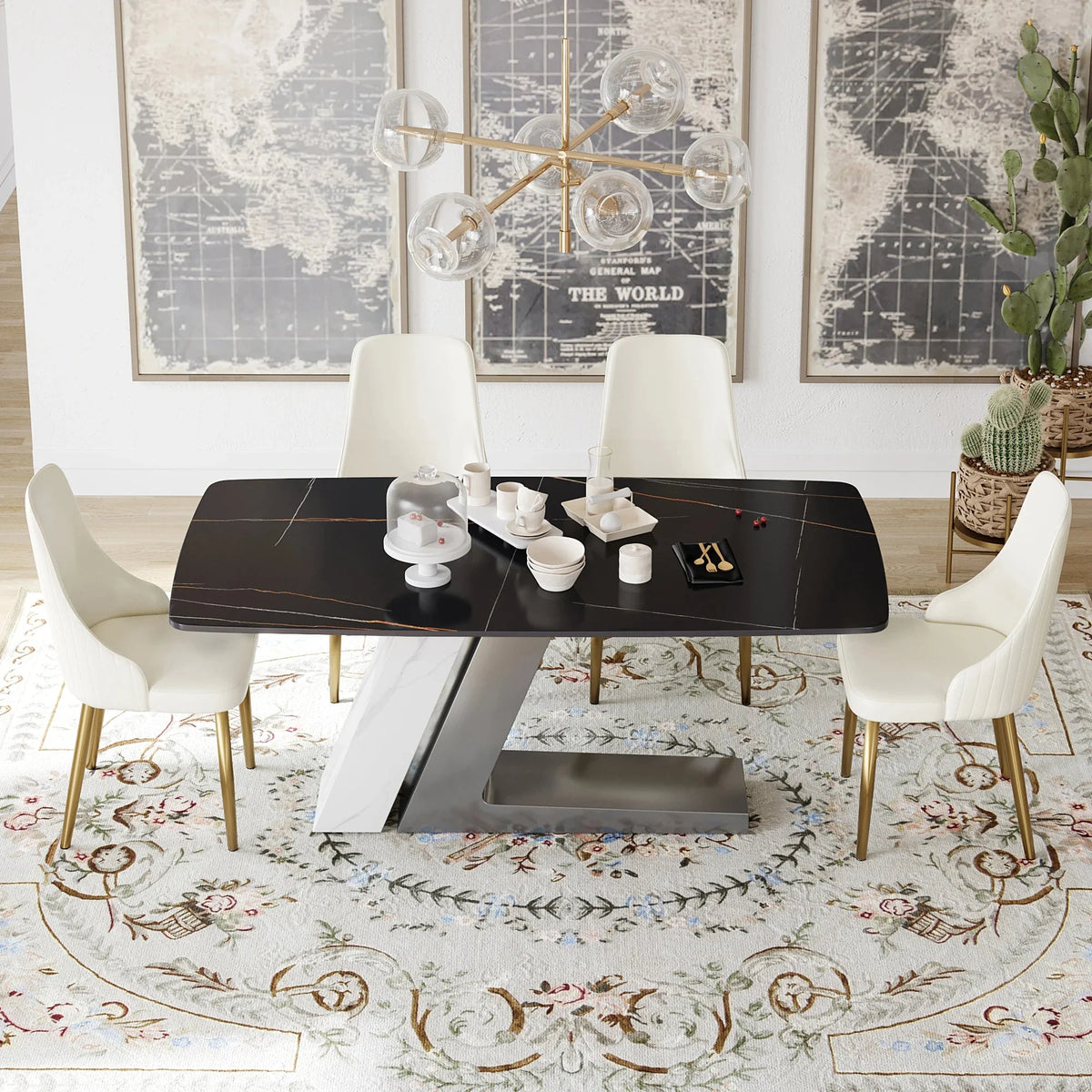 Black Dining Table with Sintered Stone Rectangle Tabletop O554