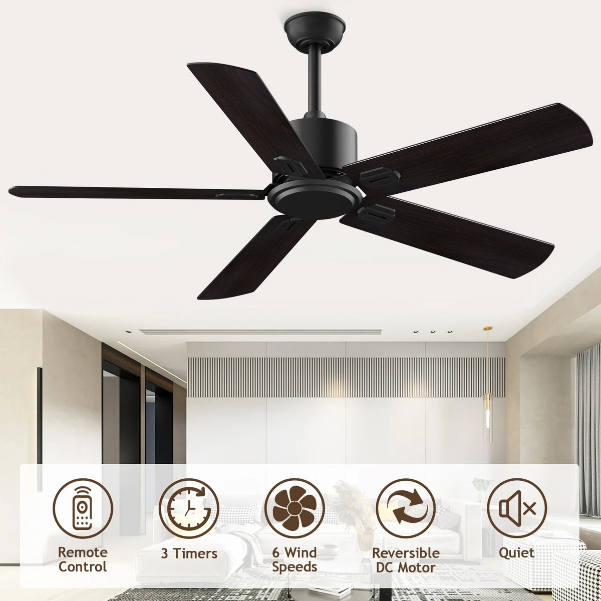 52" Ceiling Fan with Remote Control No Light, 6 Speeds Reversible DC Motor 5 Blades Black/Walnut B4284