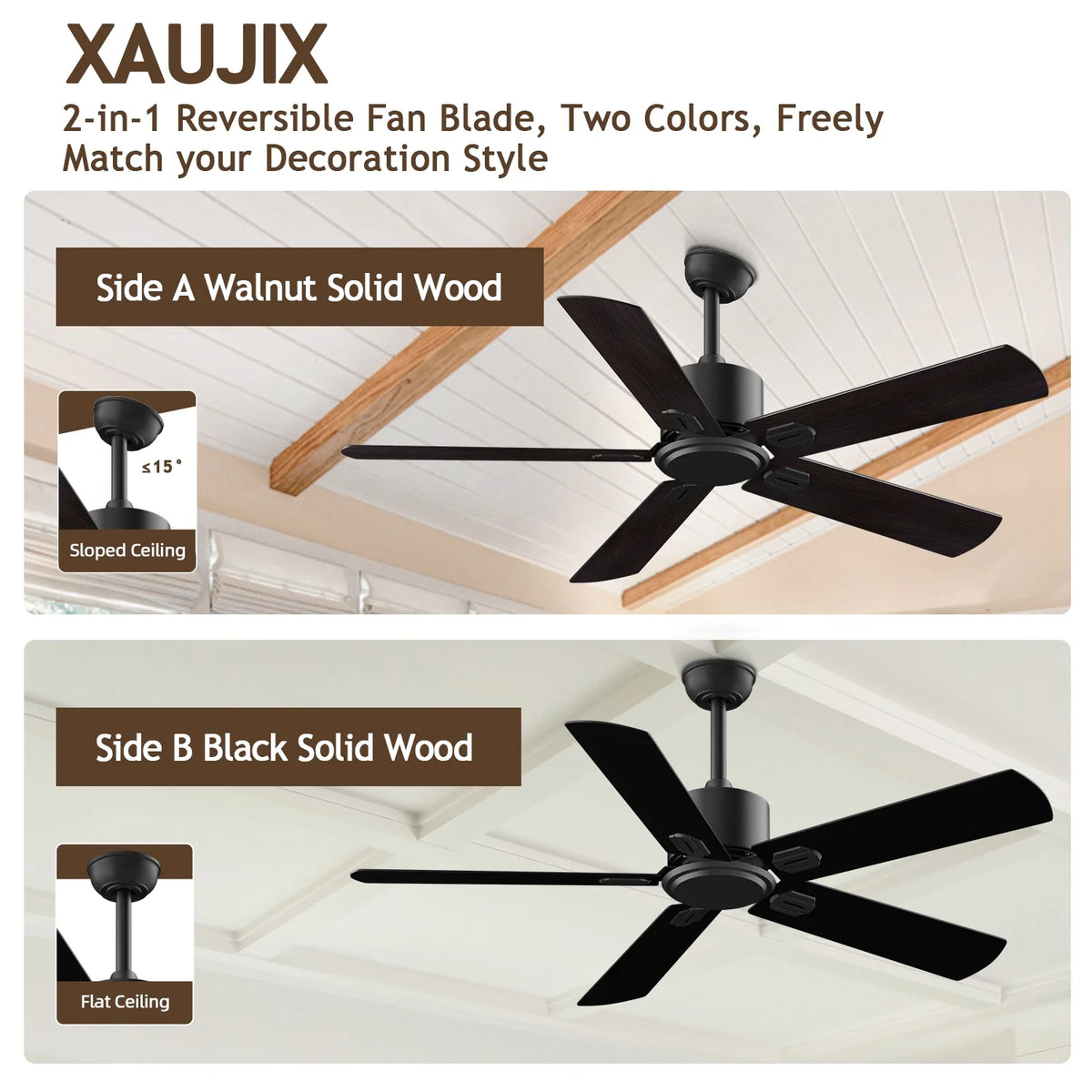 52" Ceiling Fan with Remote Control No Light, 6 Speeds Reversible DC Motor 5 Blades Black/Walnut B4284