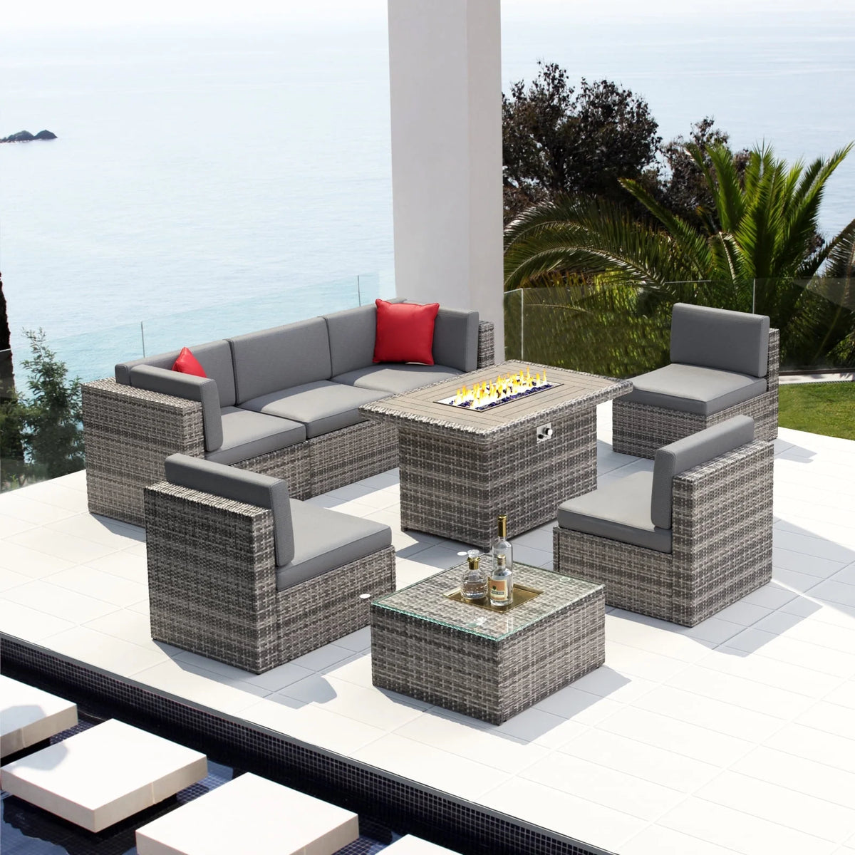 8 PCS Outdoor Patio Furniture Set with Fire Pit Table H405497