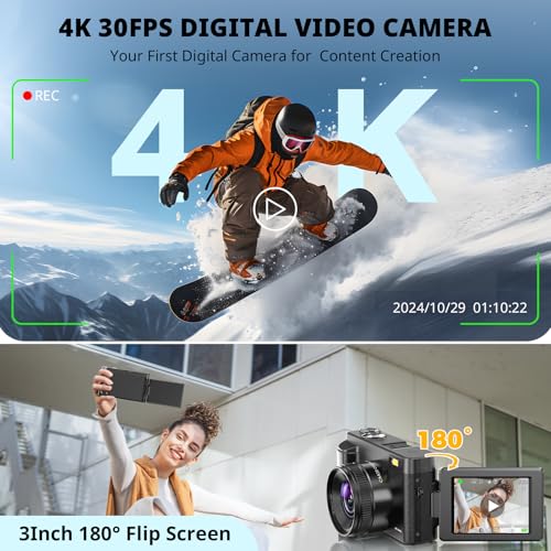 4K 48MP Compact Digital Camera with 16X Zoom, Black H340