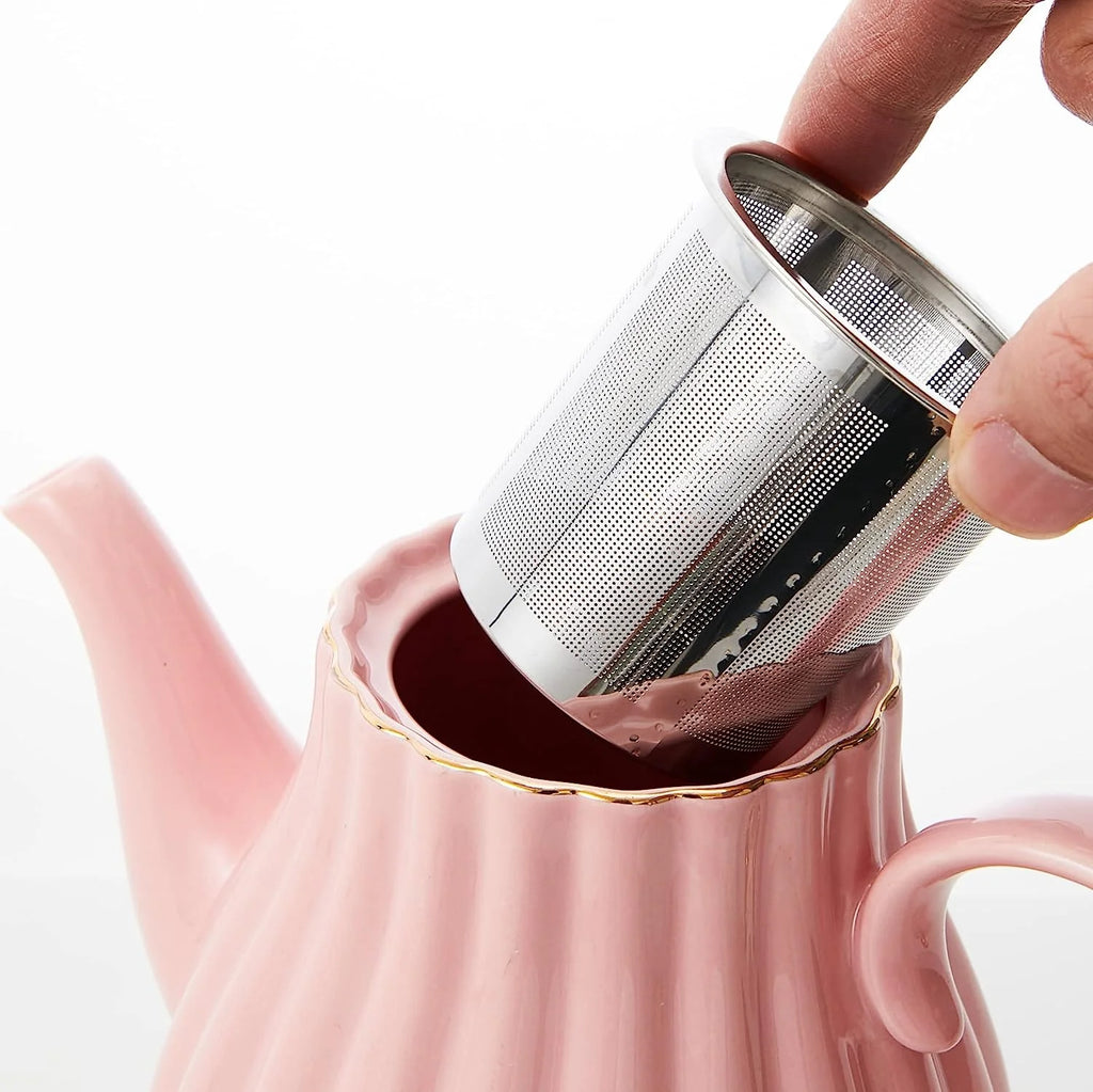 16-Piece Coffee Cup/Tea Cup Set with Teapot, Sugar Bowl, Cream Pitcher, 4 Cups and Saucers, 4 Teaspoons, Stand E8847