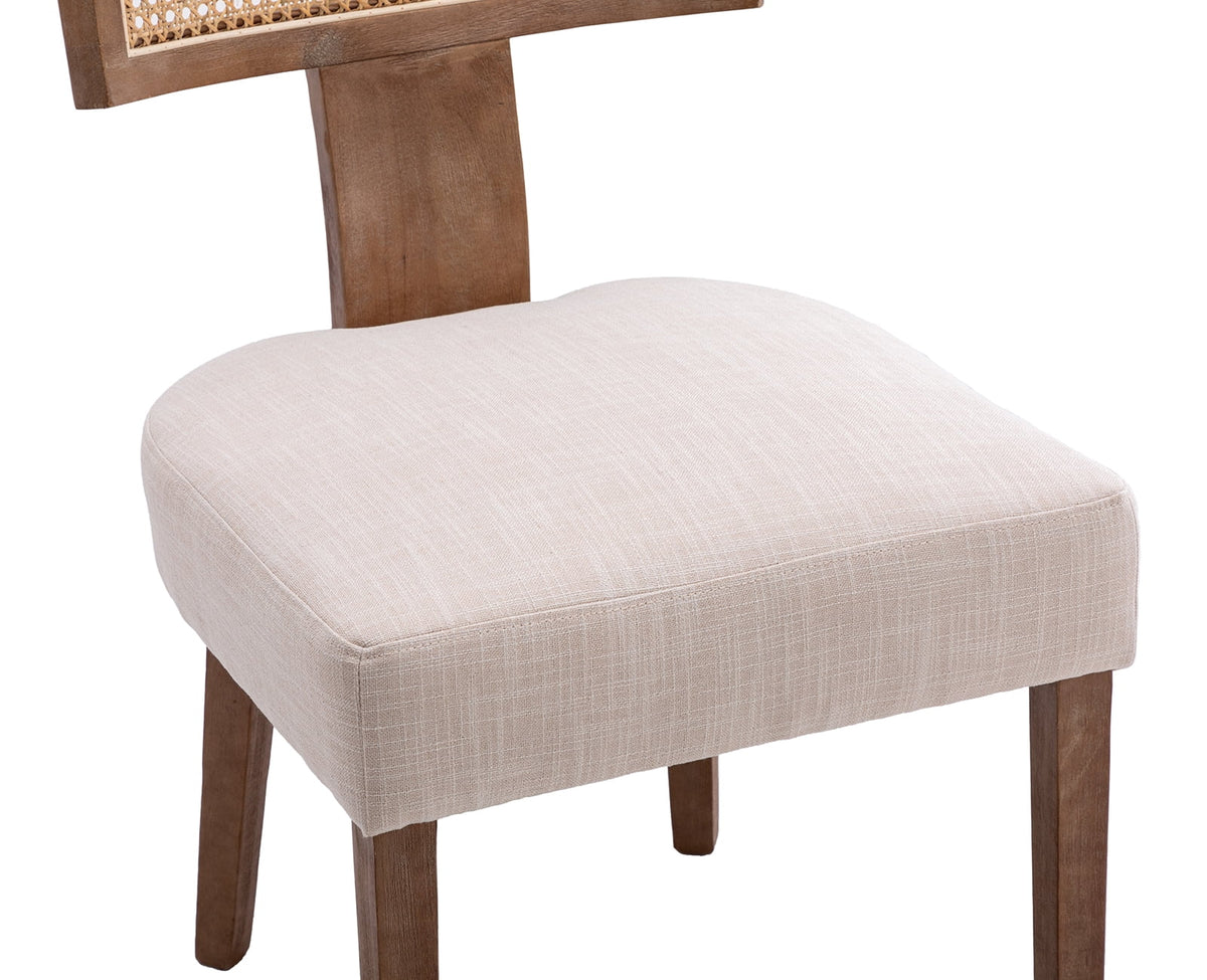 Beige Rattan Backrest Linen Upholstered Solid Wood Dining Chairs Set of 2 F5154