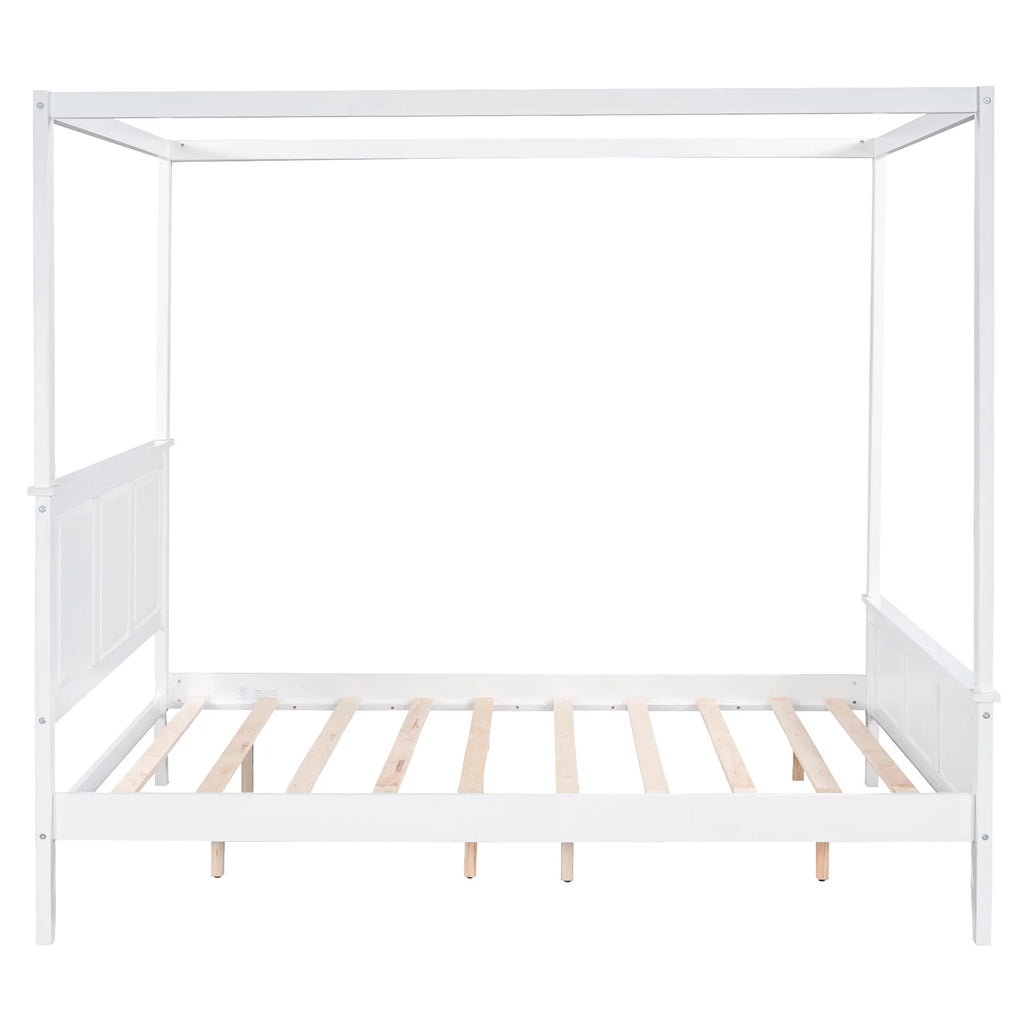 White Wood Queen Size Canopy Platform Bed B7285