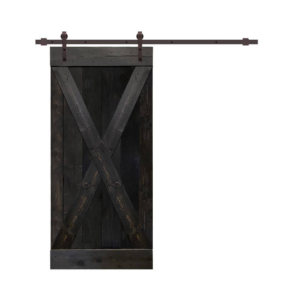Solid Charcoal Black Stained Knotty Pine Wood Interior Sliding Barn Door with Hardware Kit N49232