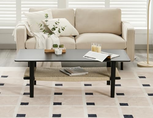 Farmhouse 2-Tier Coffee Table with Rattan Storage Shelf Z876