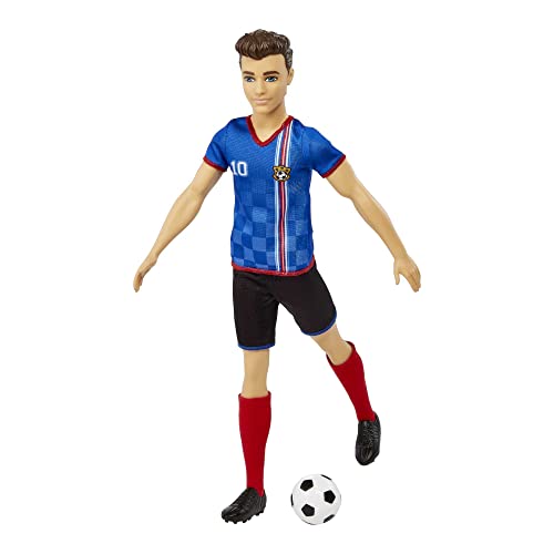 Ken Fashion Doll with Short Cropped Hair, Uniform, Tall Socks, Cleats & Ball F8363