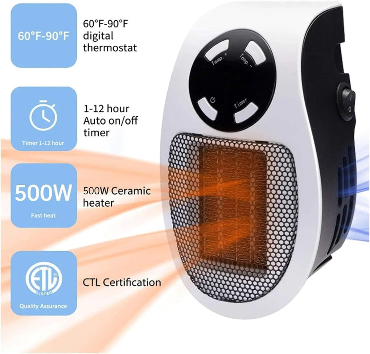 500W Ceramic Portable Space Heater U7647