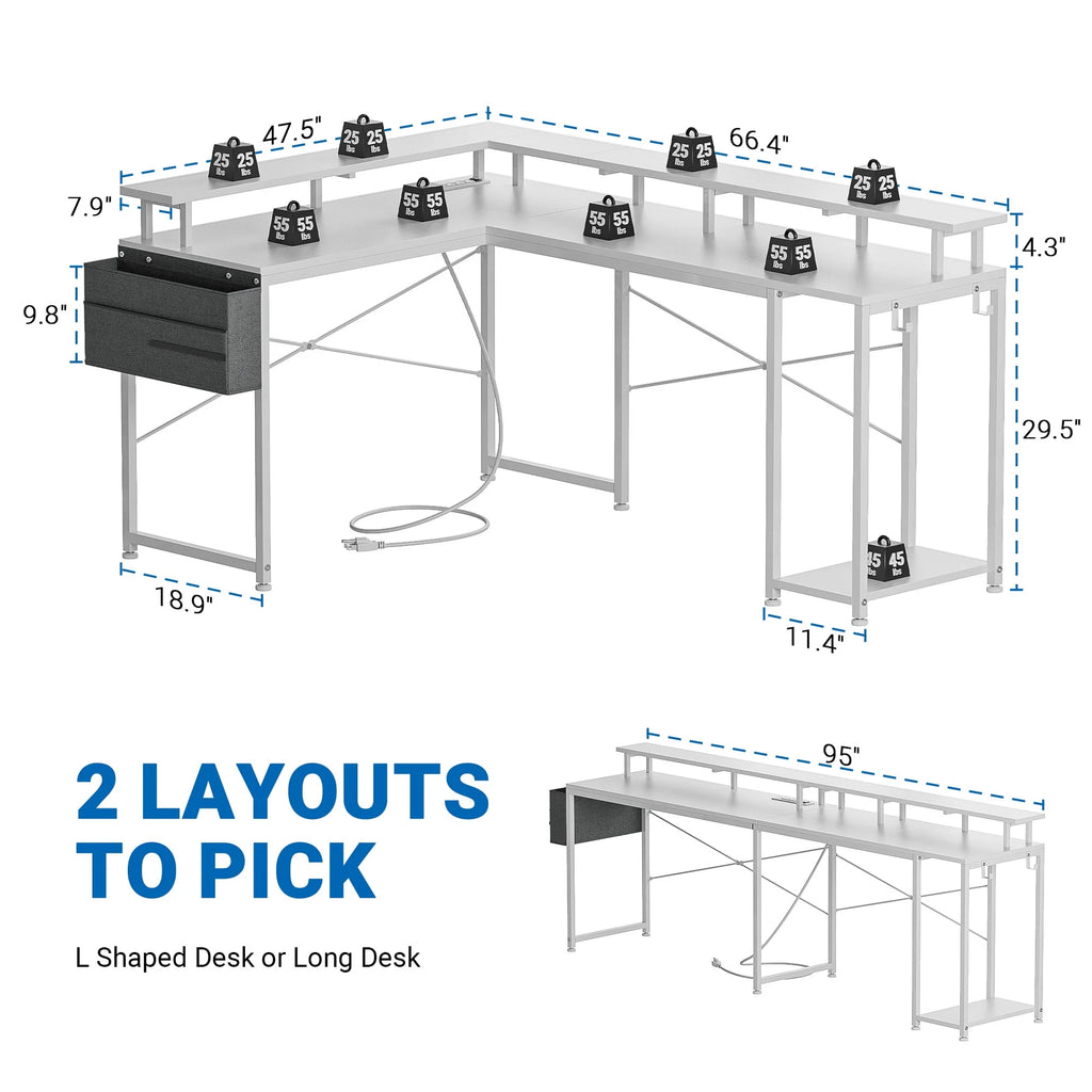 95” L-Shaped Computer Desk with LED Light and Power Outlet, Black H332278