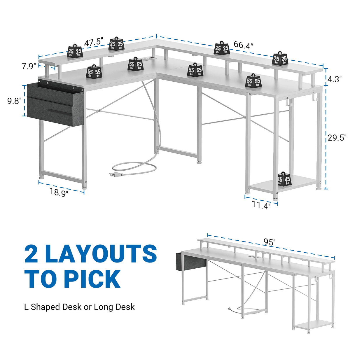 95” L-Shaped Computer Desk with LED Light and Power Outlet, Black H332278