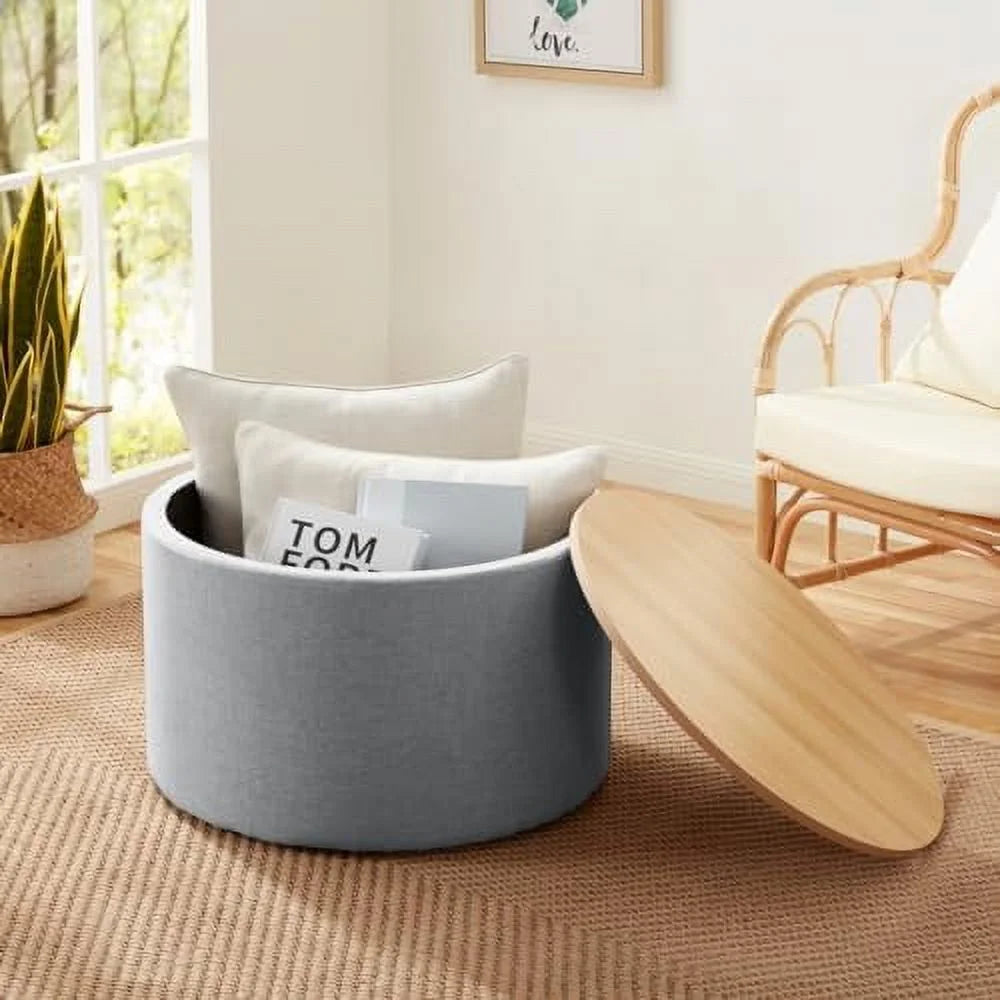 Large Round Linen Beige Coffee Table Ottoman with Lift Off Lid I667382