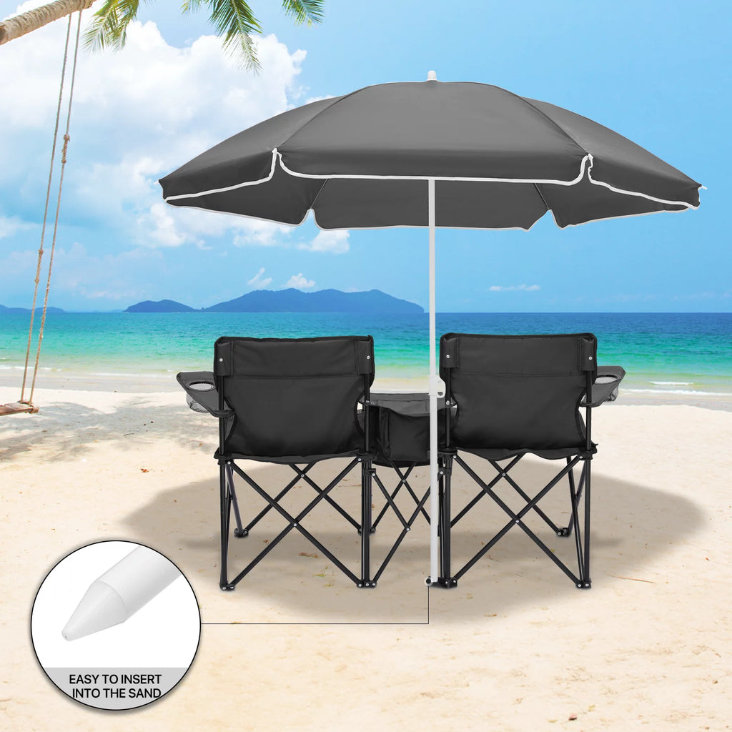 Portable Double Folding Chair with Umbrella, Cooler Bag & Carry Bag, Black E71177