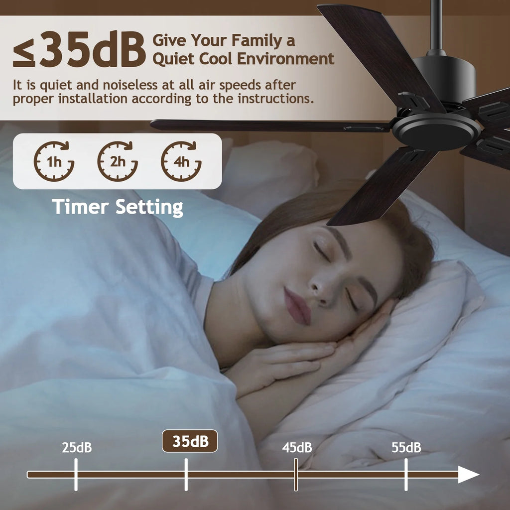 52" Ceiling Fan with Remote Control No Light, 6 Speeds Reversible DC Motor 5 Blades Black/Walnut B4284