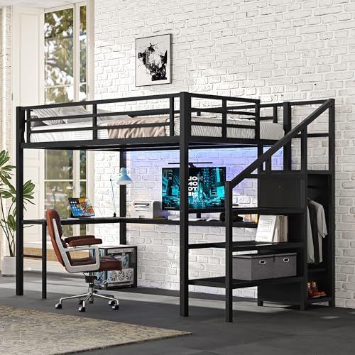Black Full Loft Bed with L-shaped Desk, USB, Wardrobe & Stairs F20984
