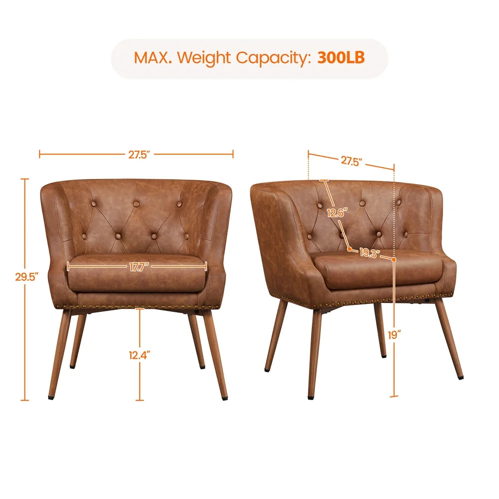 Brown Faux Leather Barrel Accent Chair with Metal Legs Y351