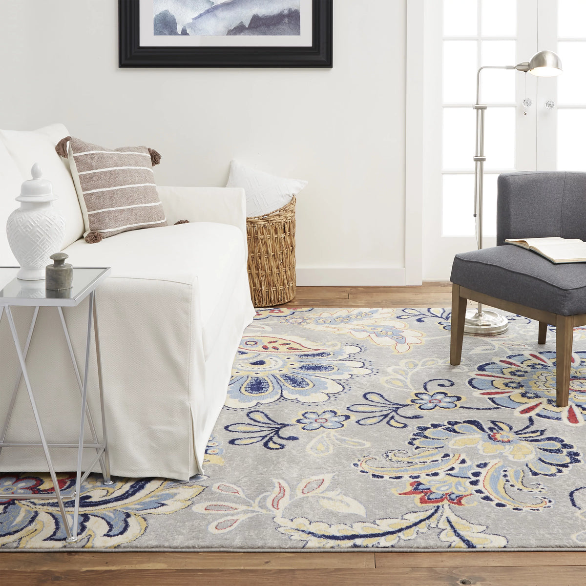 Grey/Red Bohemian Floral Area Rug 5'3"x7'2" R504