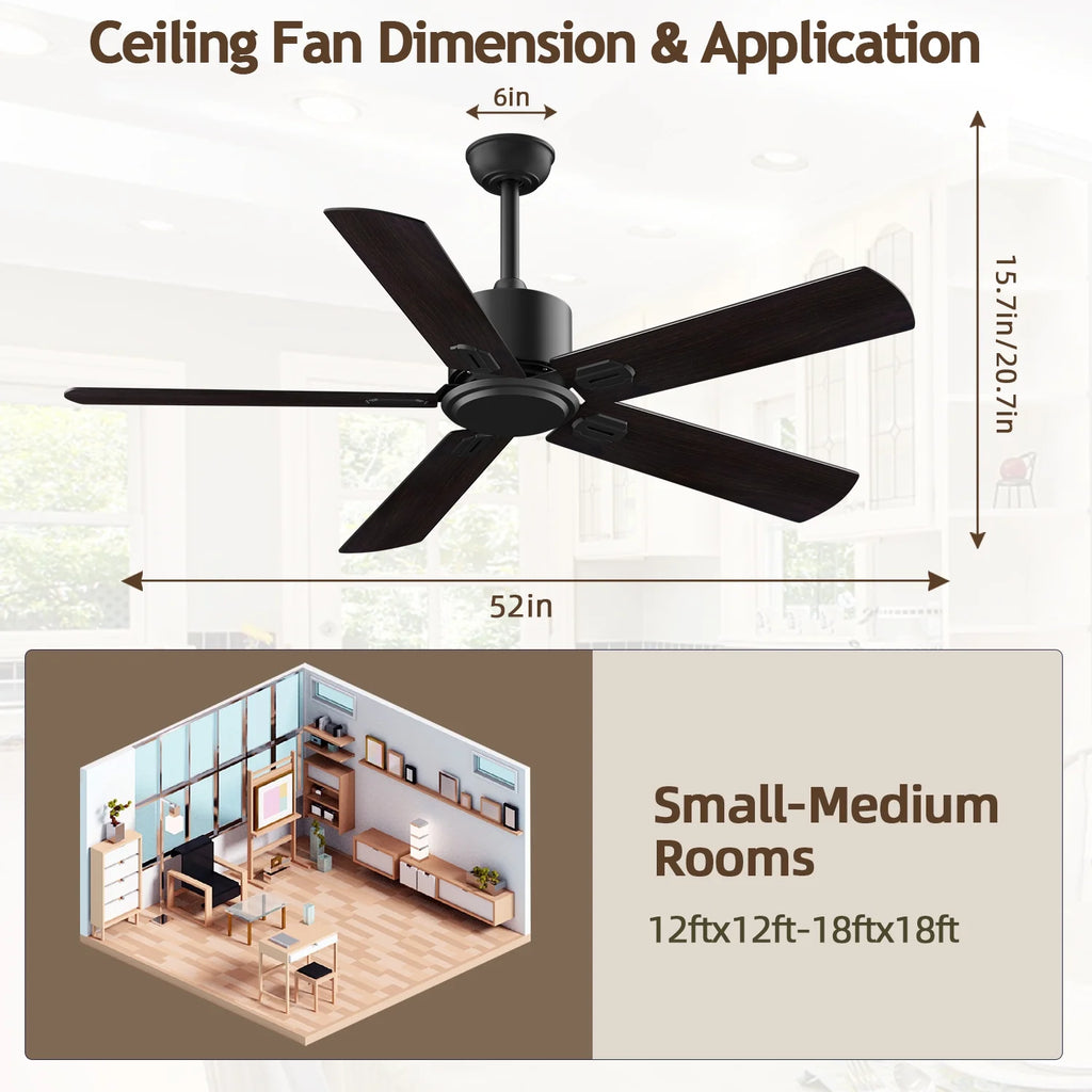 52" Ceiling Fan with Remote Control No Light, 6 Speeds Reversible DC Motor 5 Blades Black/Walnut B4284