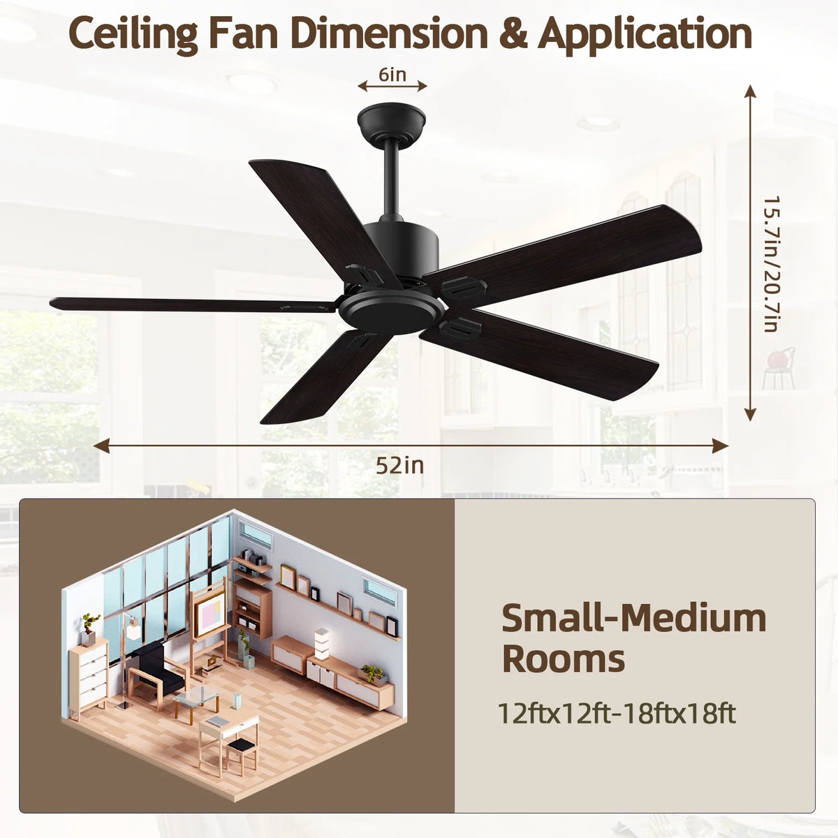 52" Ceiling Fan with Remote Control No Light, 6 Speeds Reversible DC Motor 5 Blades Black/Walnut B4284
