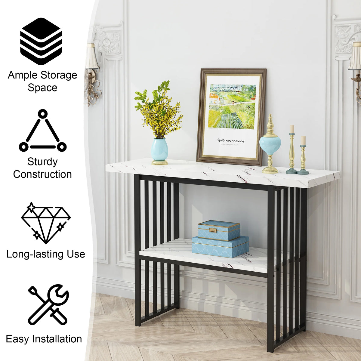 Black 42-Inch Narrow Console Table with Faux Marble Top and Metal Legs P59380