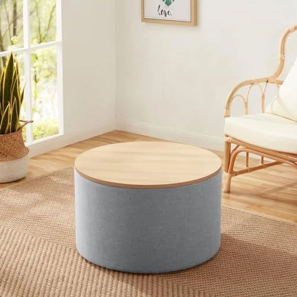 Large Round Linen Beige Coffee Table Ottoman with Lift Off Lid I667382