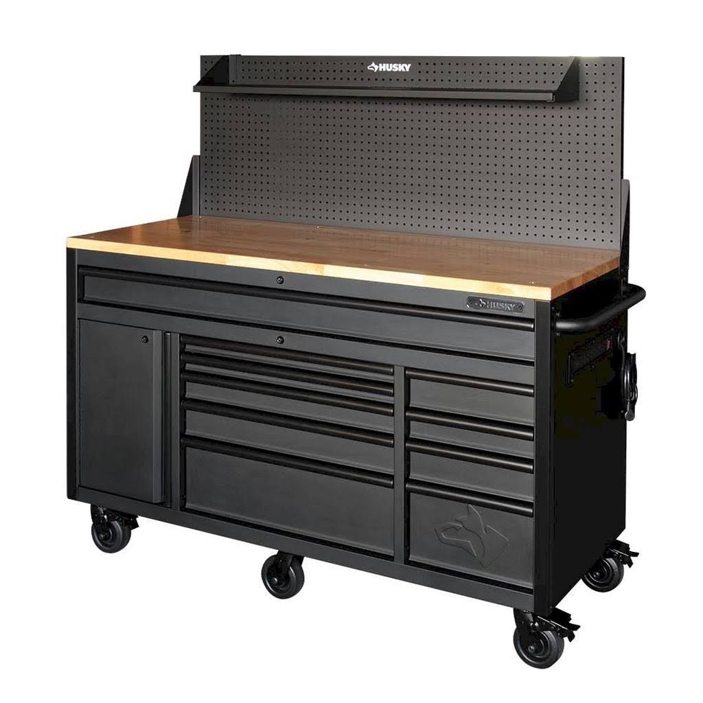 61 in. 10-Drawer Mobile Workbench in Matte Black with Hardwood Top P196